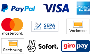 PayPal Checkout Zahlungsmethoden: PayPal, VISA, American Express, SEPA Lastschrift, Mastercard, Vorkasse, Kauf auf Rechnung, Sofort, Giropay